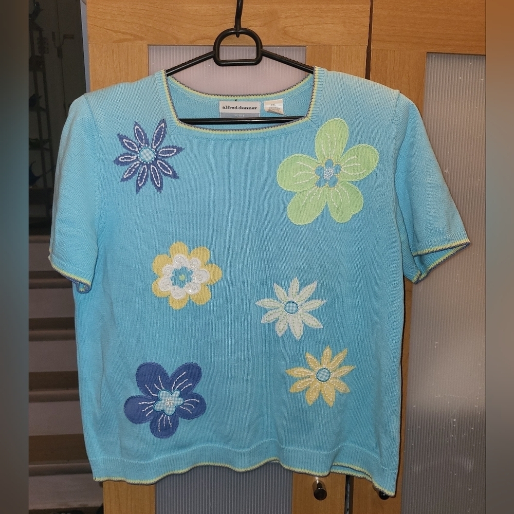 Vintage 80s Alfred Dunner Blue Short Sleeve Grandmacore Sweater Size PXL